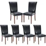 COLAMY Upholstered Parsons Dining Chairs Set of 6, PU Leather Dining Room Kitchen Side Chair with Nailhead Trim and Wood Legs - Black