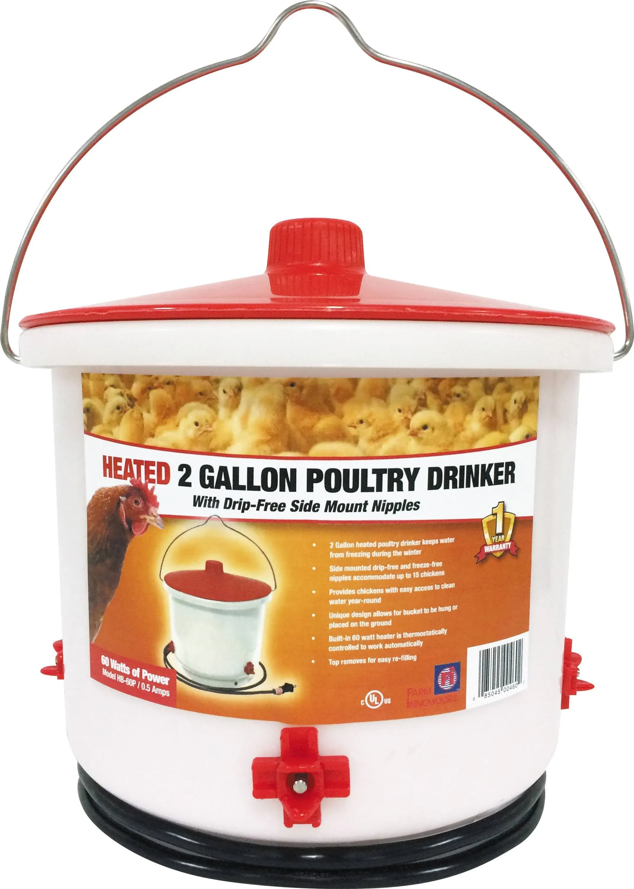 Farm Innovators Heated 2 Gallon Poultry Drinker w/ Drip-Free Side Mount Nipples