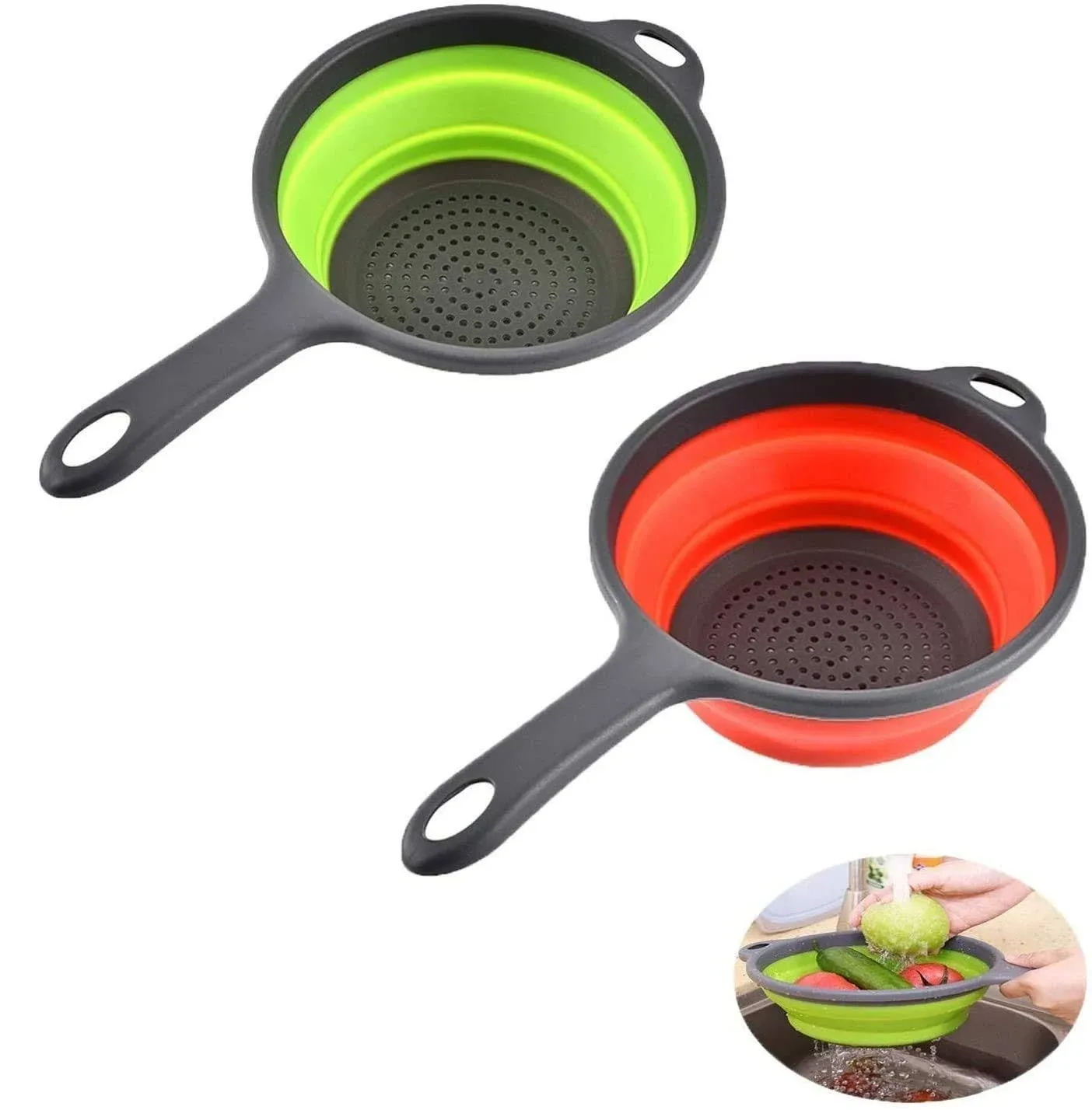 2 Pack Kitchen Foldable Silicone Strainer Colanders, Collapsible Colanders with Handles, Space-Saver Folding Strainer Colander for Draining Pasta, Vegetable (Green and Red)