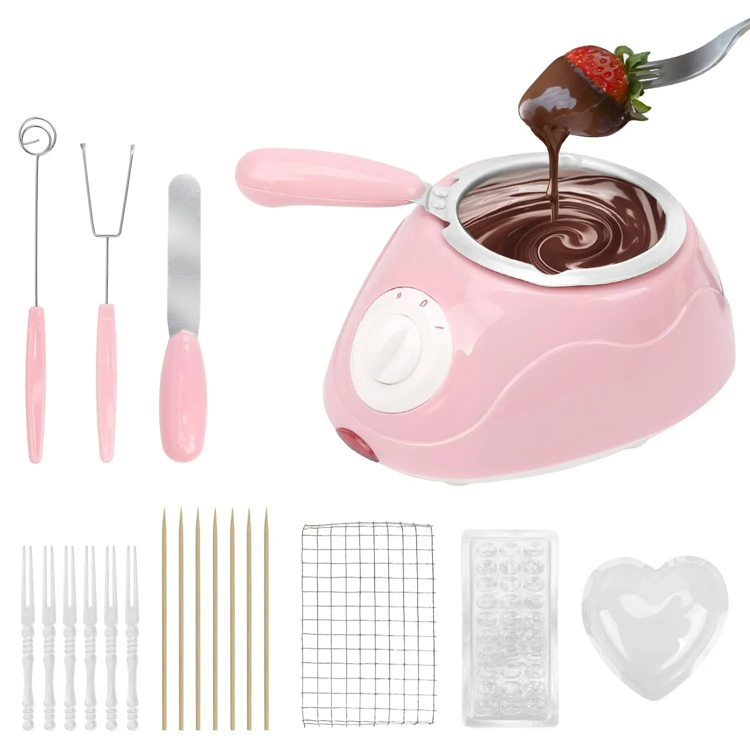 8.45oz Melting Fondue Set,MINI Electric Chocolate Melting Pot,Chocolate Fondue Fountain,Warmer Machine for Milk Chocolate,Cheese,Butter,Candy (Pink)