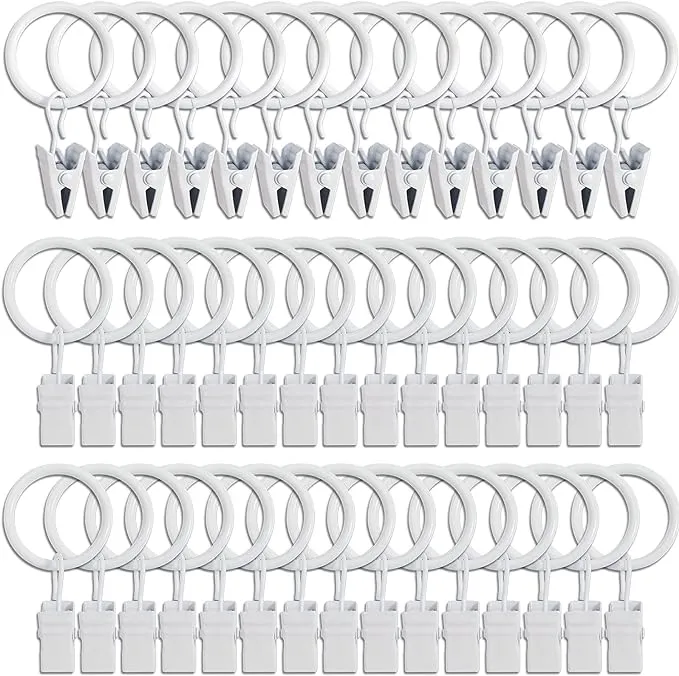 LLPJS 44 Pack Curtain Rings with Clips, Curtain Clip Rings Hooks, Bow Hanger Clips for Hanging Drapery Drapes Bows, Ring 1 inch Interior Diameter, Fits up to 5/8" Rod, White