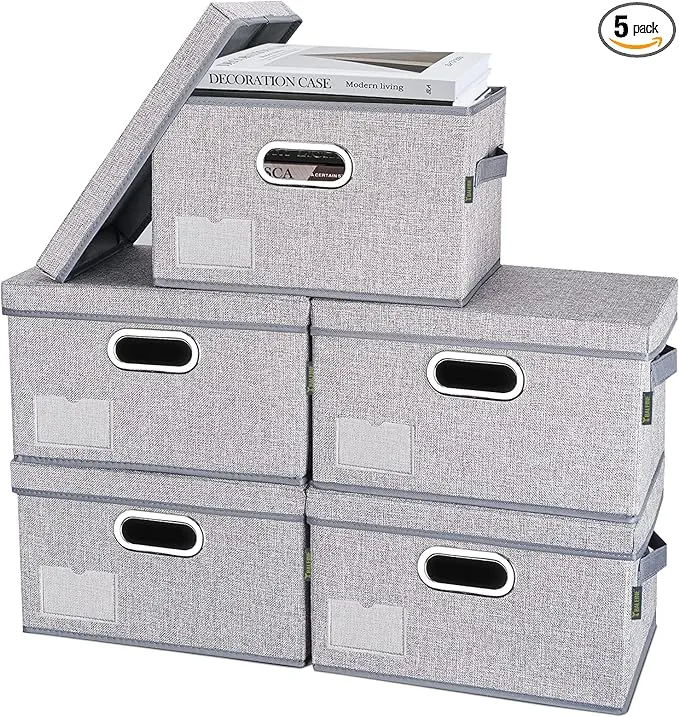 BALEINE Storage Bins with Lids, Foldable Linen Fabric Storage Boxes with Lids, Collapsible Closet Organizer Containers with Cover for Home Bedroom Office (5pack Gray Medium)