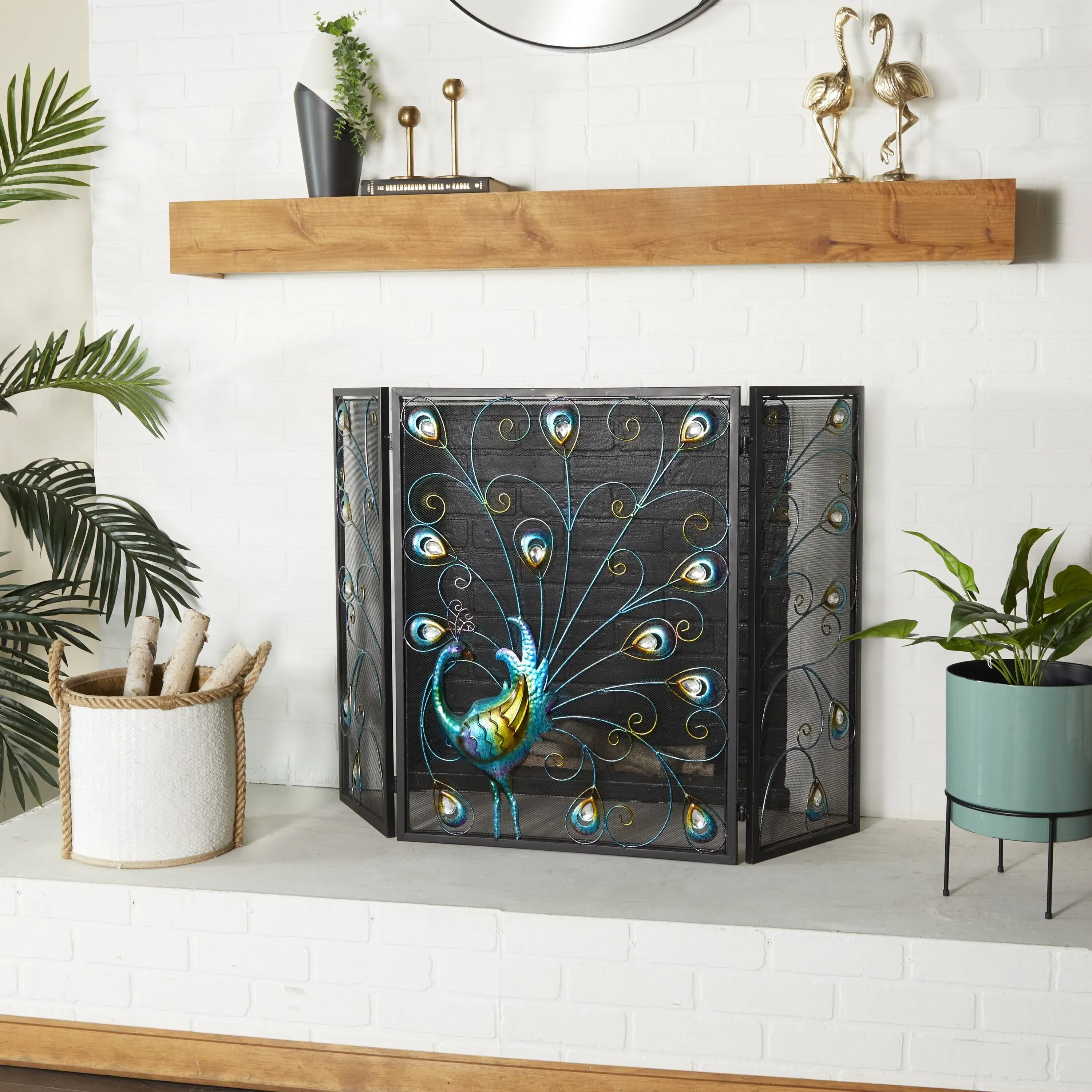 DecMode Black Eclectic Metal Fireplace Screen with Colorful Peacock Detail and Iron Frame, 48"W x 32"H