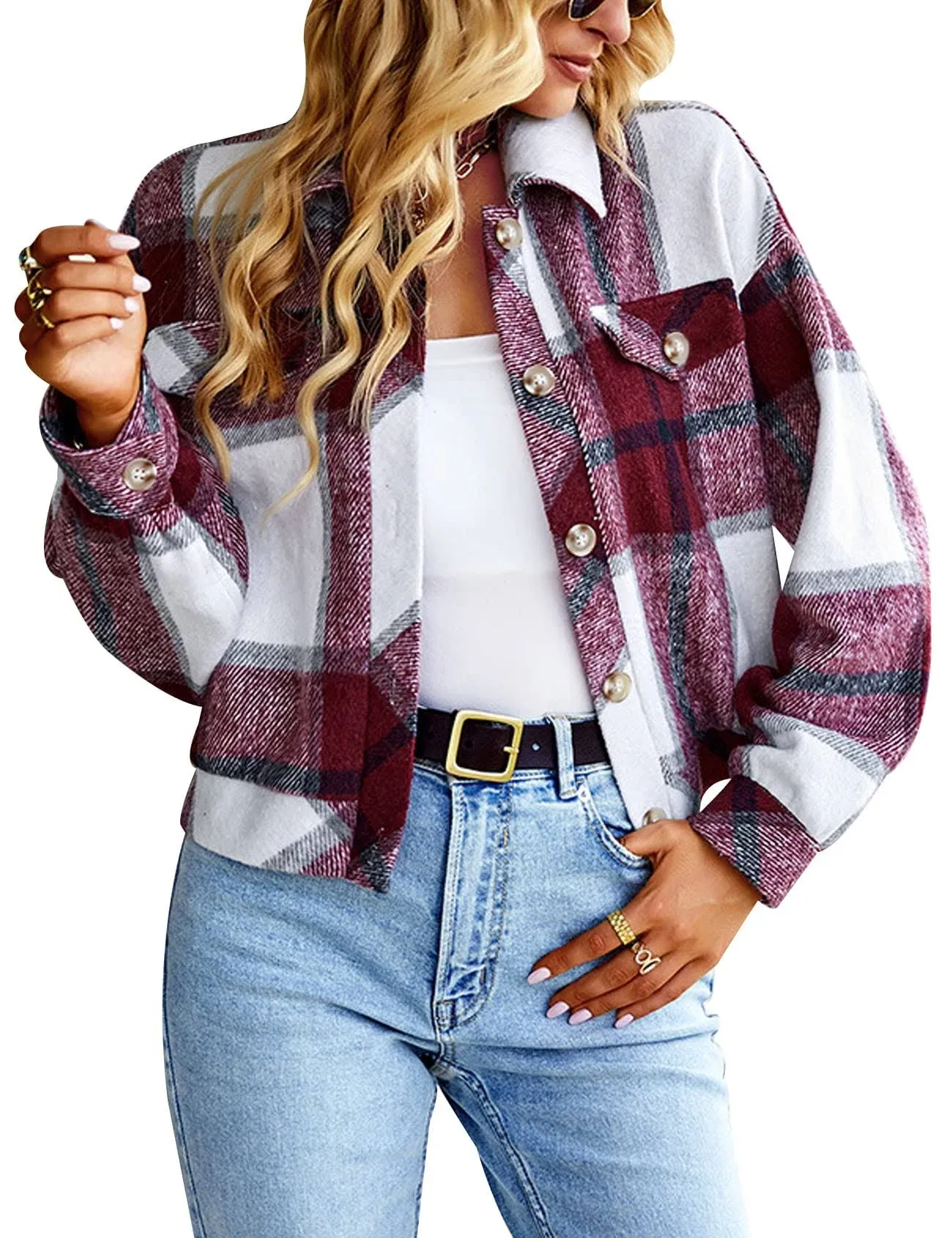 Gihuo Women's Fashion Cropped Shacket Button Down Corduroy Shacket Jackets Casual Plaid Long Sleeve Crop Jackets Tops