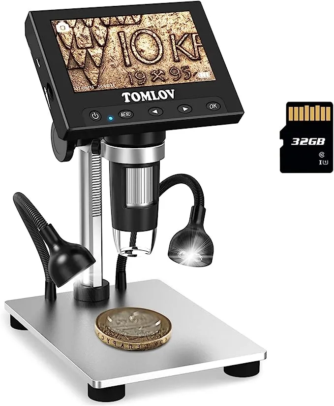 TOMLOV 1000X Error Coin Microscope with 4.3" LCD Screen, USB Digital Microscope with LED Fill Lights, Metal Stand, PC View, Photo/Video, SD Card Included, Windows Compatible, DM4S