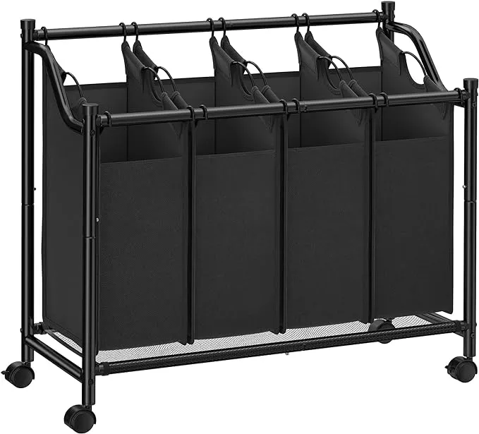 SONGMICS Laundry Sorter, Rolling Laundry Basket with 4 Removable Bags, Laundry Hamper, Laundry Cart, for Laundry Room, Bedroom, Bathroom, 4 x 9.2 Gallons, Ink Black ULSF005