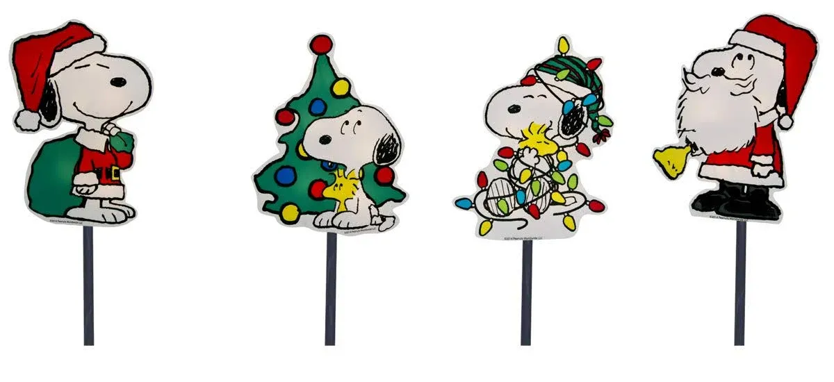 ProductWorks Peanuts 2D LED Pre-Lit Flat PVC Pathway Markers Featuring Snoopy Christmas Yard Art, 12-Inch