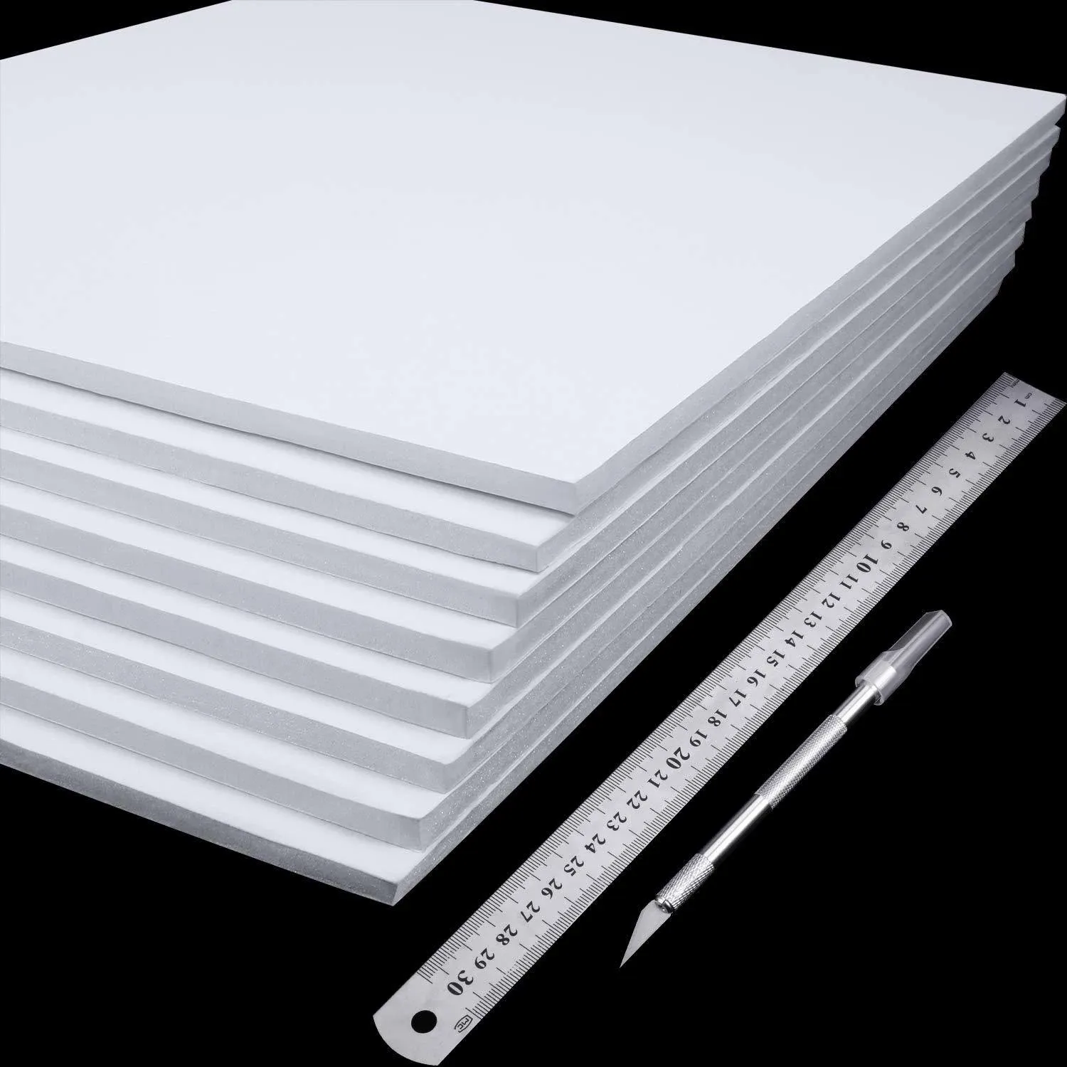 8 Pieces Foam Boards White Foam Core Backing Boards, Silver Craft Knife with Protective Cap and 12 Inch Stainless Steel Ruler for Art Presentations Crafts Display Favors（12 x 10 x 0.2 Inches）