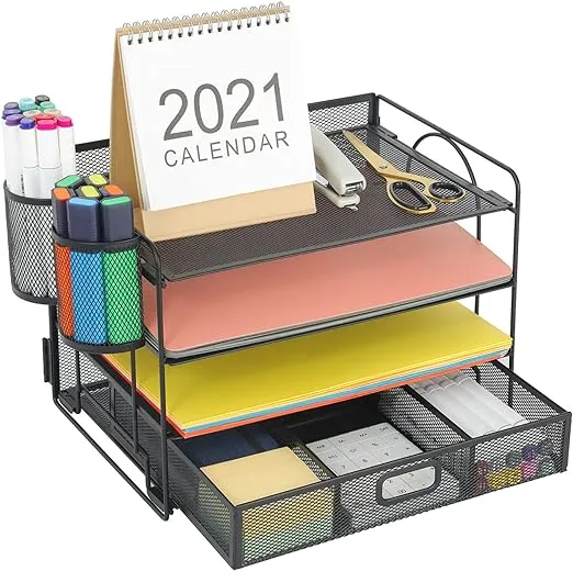 Space-Saving 4-Tray Office Desk Organizer with Sliding Drawer and Pencil Holders