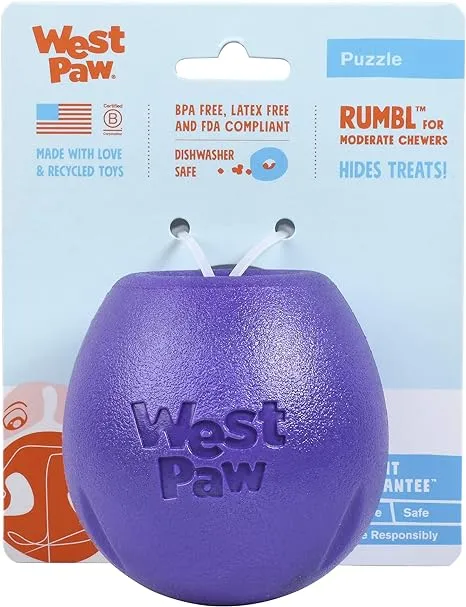 West Paw Zogoflex Rumbl Treat-Dispensing Dog Toy – Interactive Slow-Feeder Chew Toys for Dogs – Dog Enrichment Toy – Dog Toy for Moderate Chewers, Fetch, Catch – Holds Kibble, Treats (Eggplant, Small)West Paw Zogoflex Rumbl Treat-Dispensing Dog Toy – I…