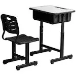 Student Desk and Chair Combo, Height Adjustable School Desk and Chair Workstation with Drawer, Pencil Grooves and Hanging Hooks for Home, School and Training (Black&White)