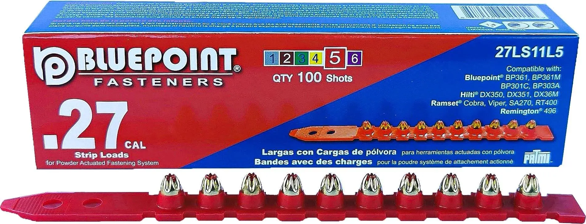 Blue Point 0.27 x 4.5 in. Plastic Strip Head Powder Loads Red - 100 per Pack