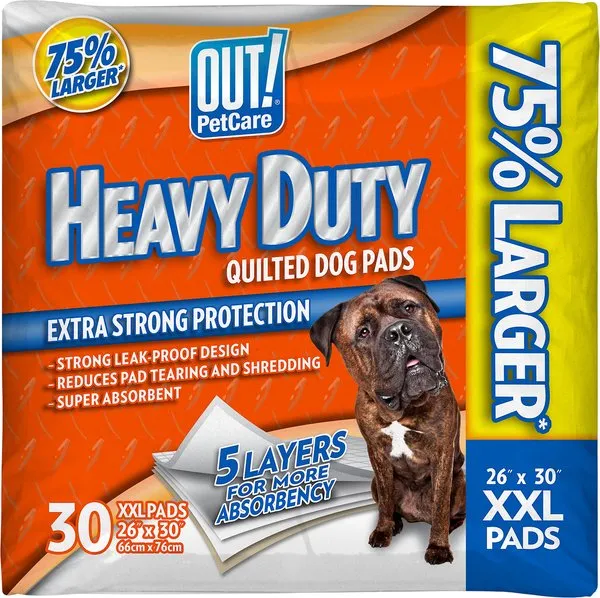 OUT! PetCare Heavy Duty XXL Dog Pads, Absorbent Pet Training and Puppy Pads, 26 x 30 Inches, 30 Pads