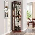 BELLEZE Lighted Corner Display Curio Cabinet Wooden Curved Shelving Unit with Tempered Glass Door, Bar and Liquor Storage Area with 6 Shelves -