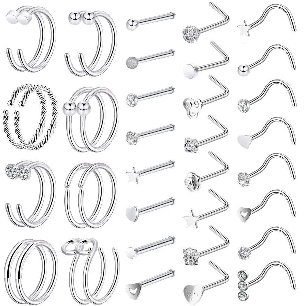 ONESING 40 PCS 20G Nose Rings for Women Nose Piercings Jewelry Nose Rings Hoops 