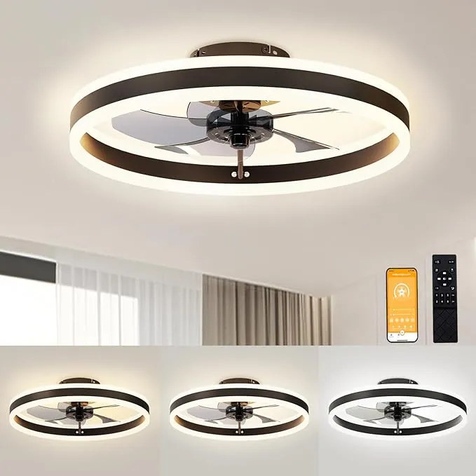 VOLISUN Modern Ceiling Fans with Lights and Remote, 19.7in Low Profile Ceiling Fan Flush Mount, 3000K-6500K Dimmable Bladeless LED Fan Light, Black Fandelier Ceiling Fans with Lights for Bedroom