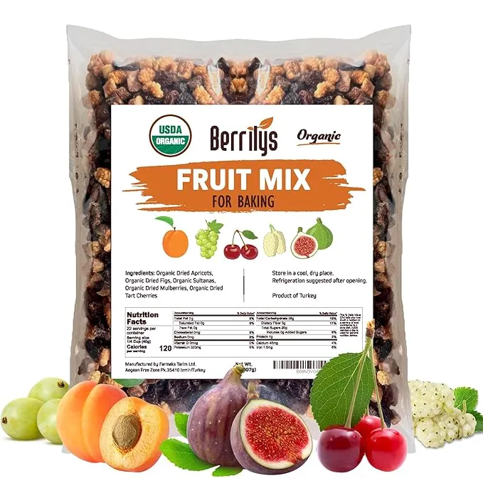 Berrilys Dried Fruit Mix, 2 lbs, Organic, Diced Figs, Diced Apricots, White Mulberries, Sultanas, Sour Cherries, No Sugar Added, Trail Mix for