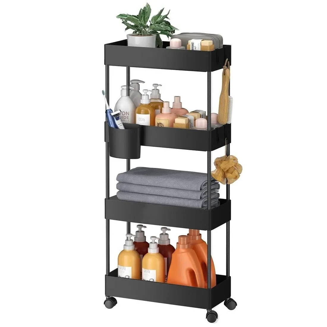 Slim 4 Tier Rolling Utility Cart for Bathroom, Kitchen, Laundry Room and Office