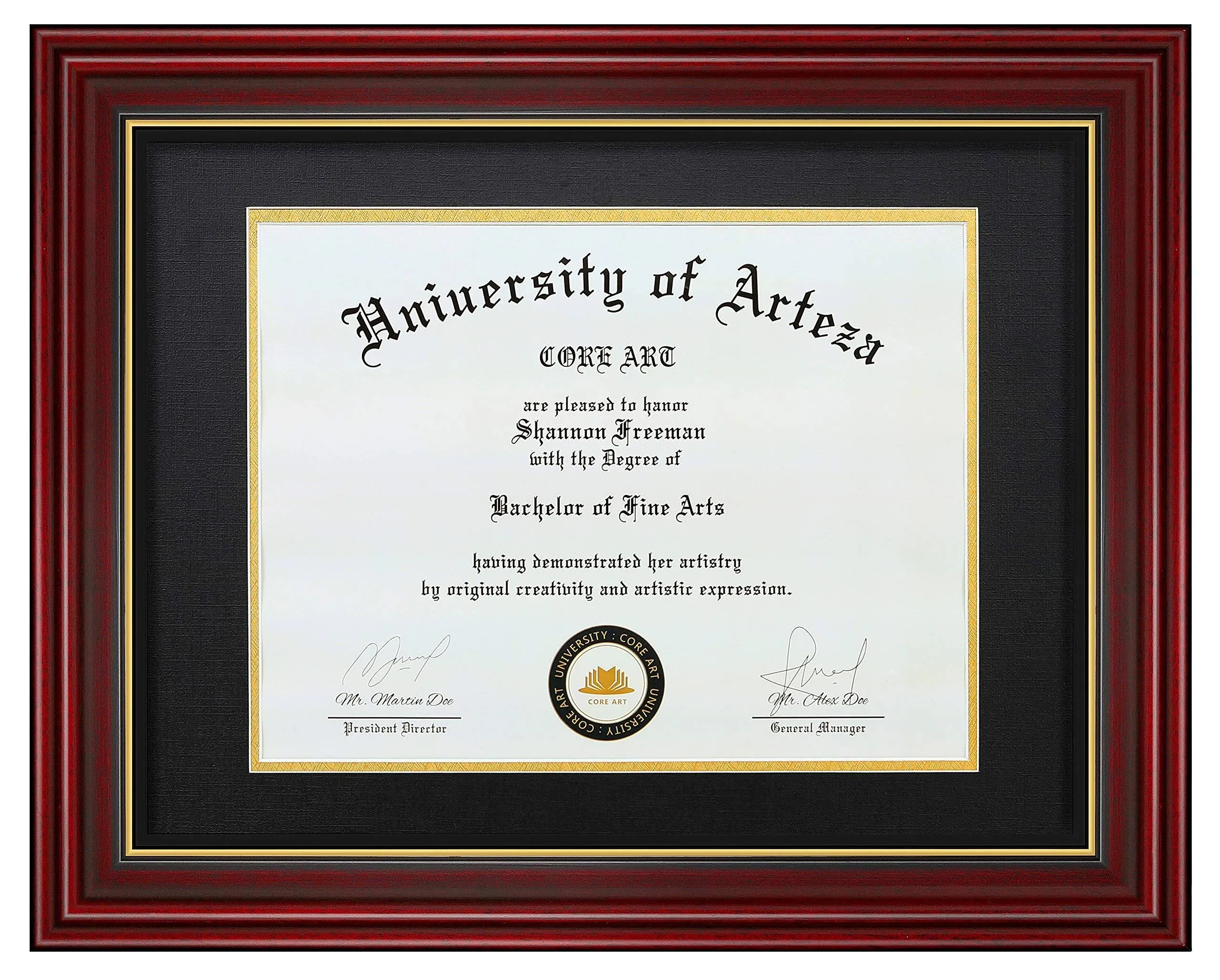 Core Art 11x14 Diploma Frame Display Certificates 8.5 x 11 with Black Mat or Documents 11 x 14 Without Mat, College Degree Wooden Frame with Tempered