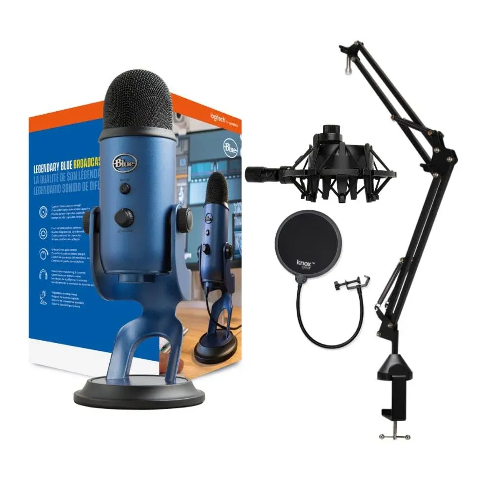 Blue Microphones Yeti USB Microphone (Midnight Blue) with Desktop Boom Arm Microphone Stand, Knox Gear Shock Mount for Blue Yeti and Yeti Pro Microphones and Pop Filter (2-Pack) Bundle (5 Items)