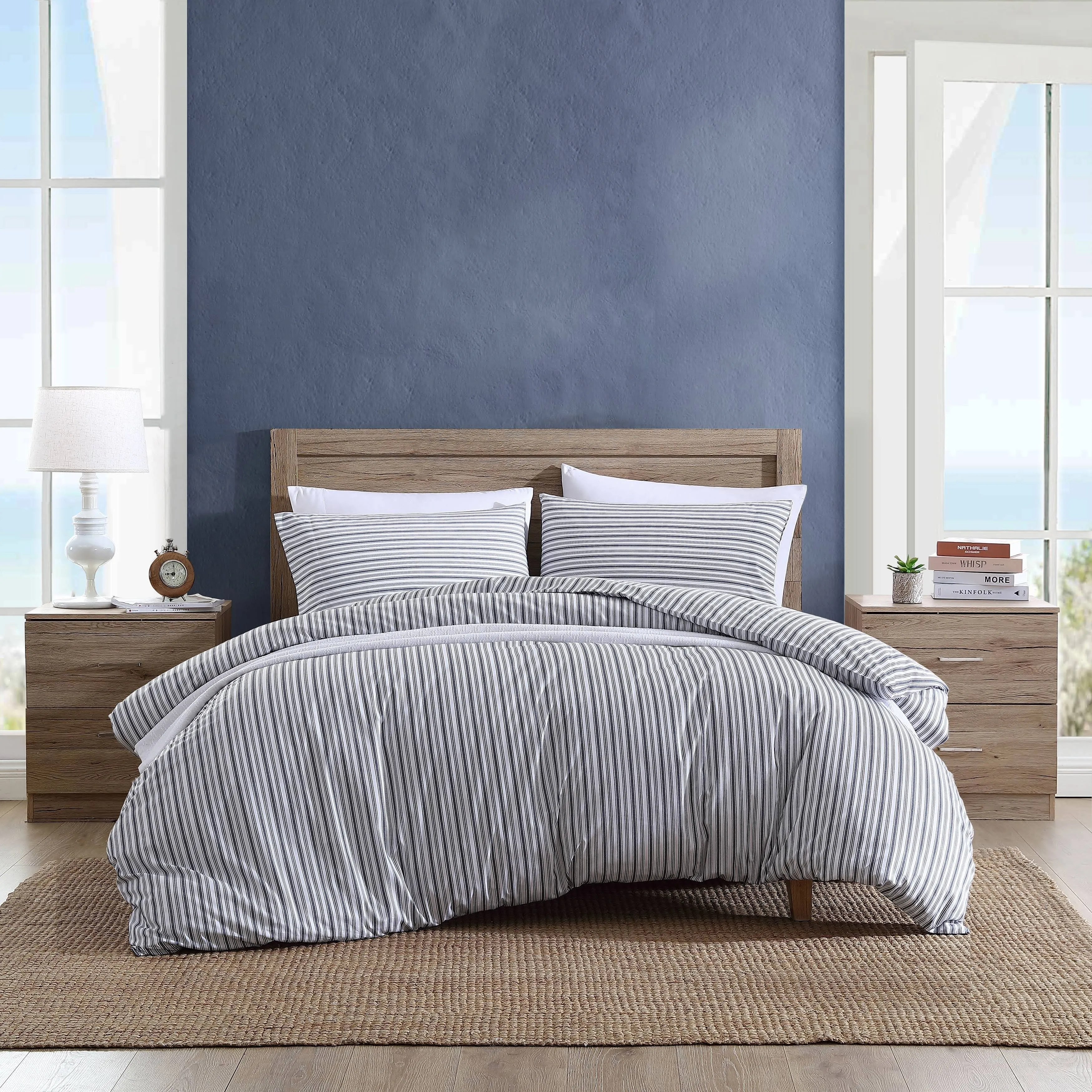 Nautica Coleridge Stripe Charcoal Cotton Percale Duvet Cover - Twin