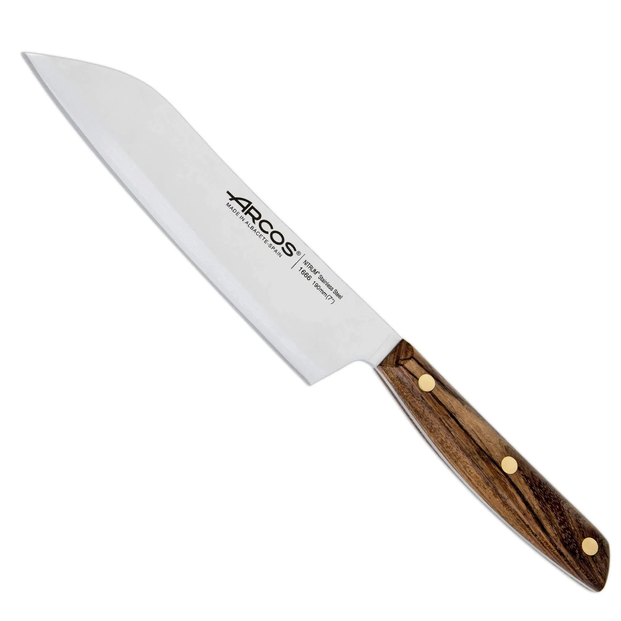 ARCOS Santoku Knife 7 Inch Stainless Steel. Japanese Kitchen Knife for Fish, Meat and Vegetables. Ovengkol Wood Handle 100% natural FSC and 190mm Blade. Series Nordika