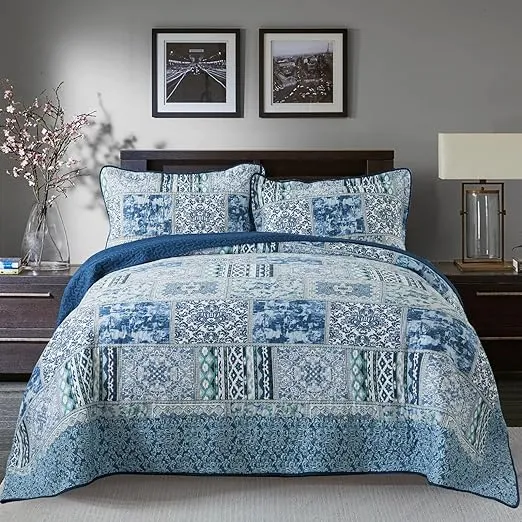 NEWLAKE Cotton Bedspread Quilt Sets-Reversible Patchwork Coverlet Set, Blue Classic Bohemian Pattern,California King SizeNEWLAKE Cotton Bedspread Quilt Sets-Reversible Patchw…