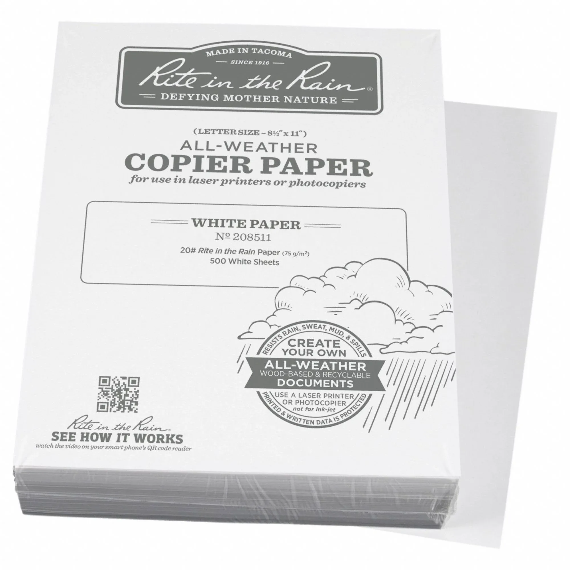 Rite In The Rain Weatherproof Laser Printer Paper, 8.5" x 11", 20# White, 50 Sheet Pack (No. 8511-50)