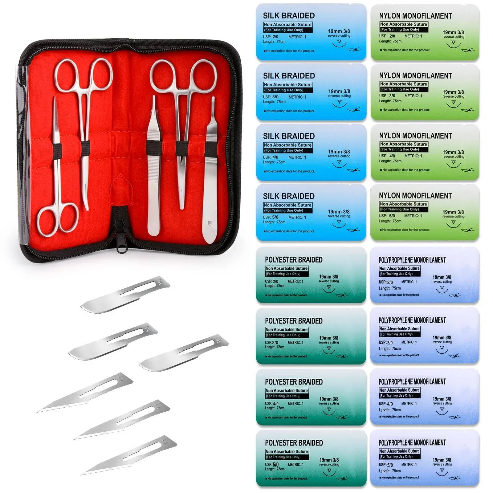 Sterile Suture Thread with Needle and Suture Tools Kit for Medical Student Surgical Suture Practice, First Aid Emergency Practice, Camping Hiking MA0019