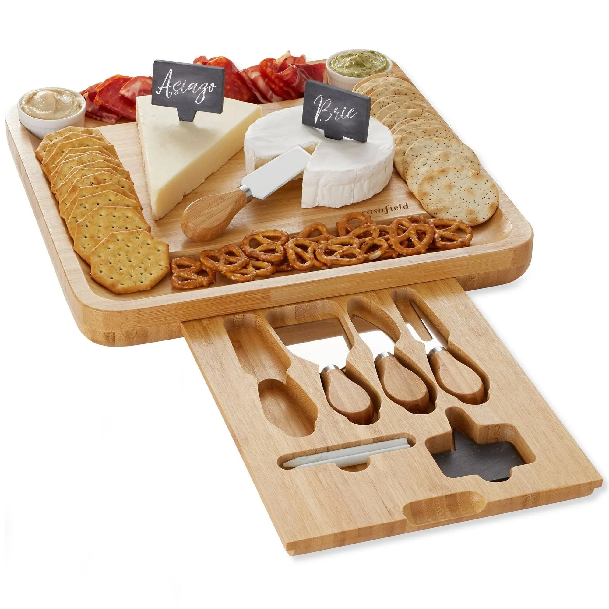 Bamboo Cheese Board Gift Set, Wooden Charcuterie Serving Tray w/ Bowls &amp; Knives