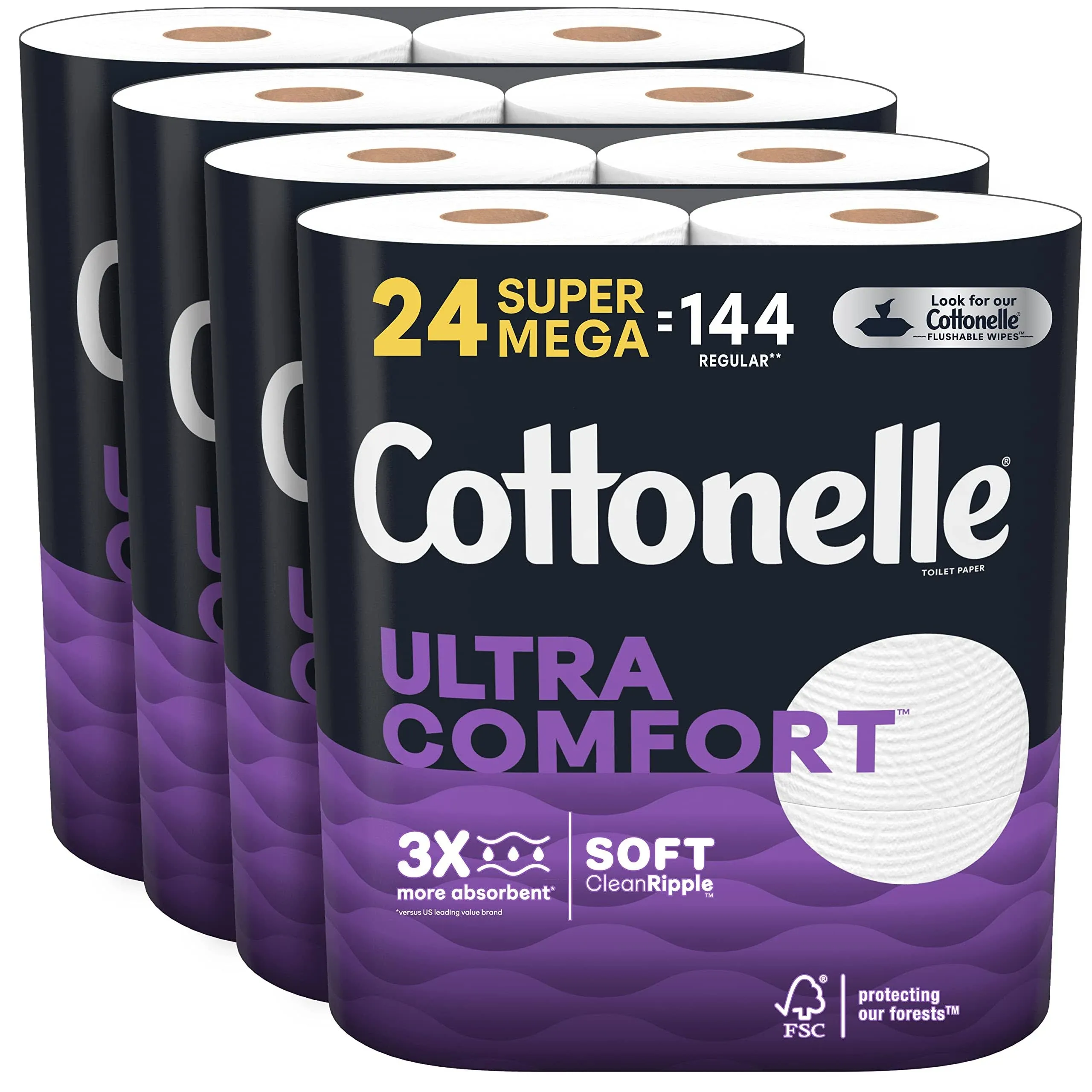 Cottonelle Ultra Comfort Toilet Paper with Cushiony CleaningRipples Texture, 24 Family Mega Rolls (24 Family Mega Rolls = 108 Regular Rolls) (4 Packs of 6), 325 Sheets per Roll, Packaging May Vary