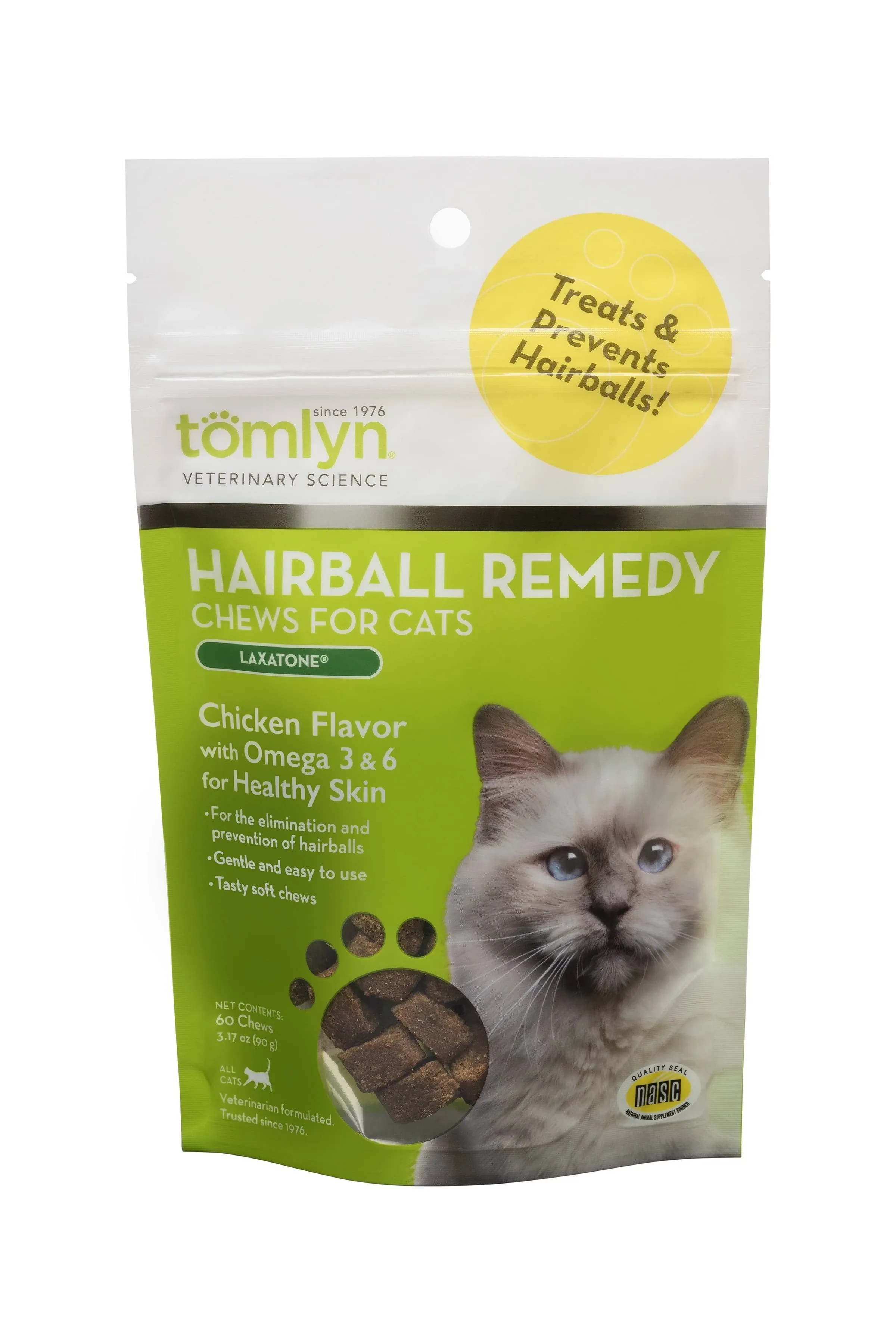 Tomlyn Laxatone Chews for Cats, Chicken Flavor, Hairball Remedy - 60 chews, 3.17 oz