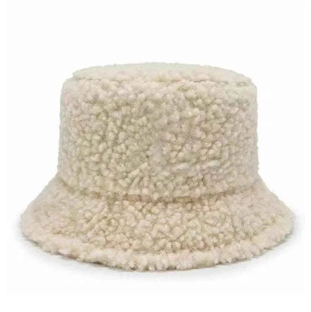 Newfancy Women Girls Winter Bucket Hat Curly Faux Fur One Size, Beige 