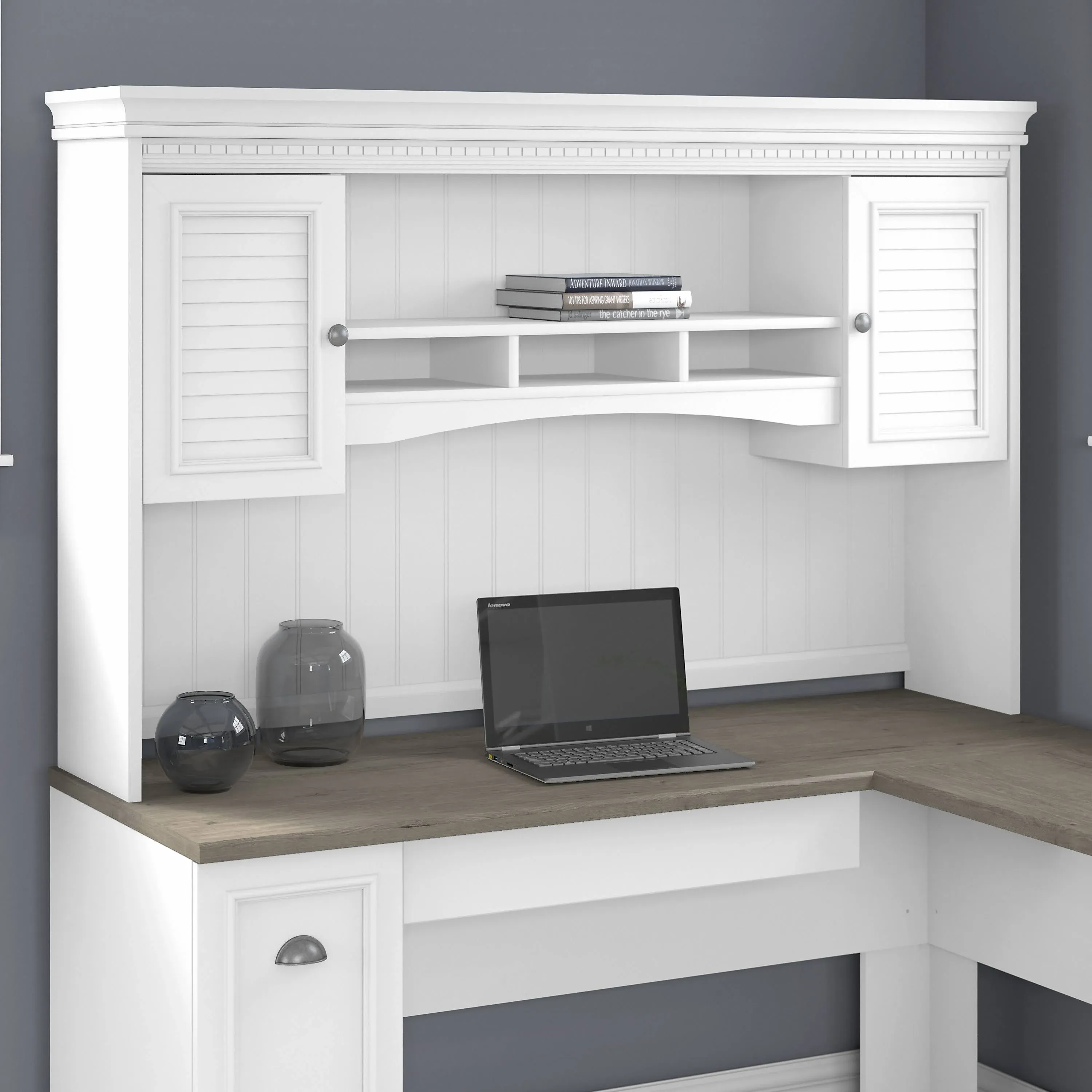 Bush Furniture Fairview 60W Hutch for L Shaped Desk, Shiplap Gray/Pure White