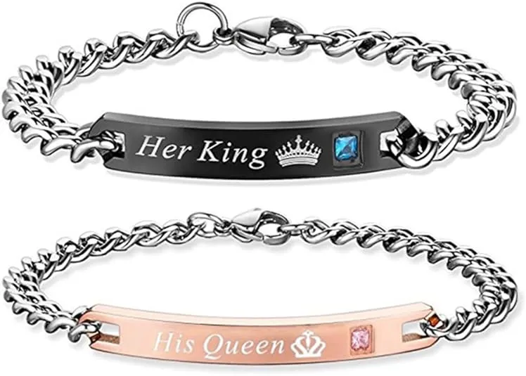 Gift for Lover His Queen Her King Stainless Steel Couple Bracelets for Women Men