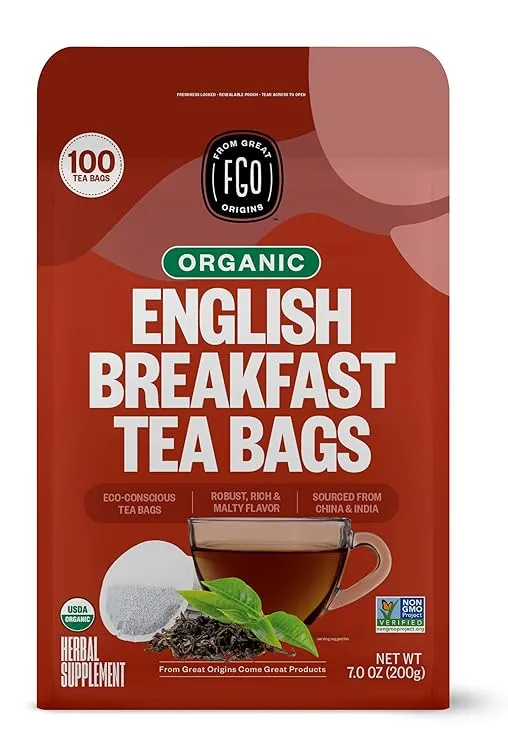 FGO Organic English Breakfast Black Tea, Eco-Conscious Tea Bags, 100 Count ...