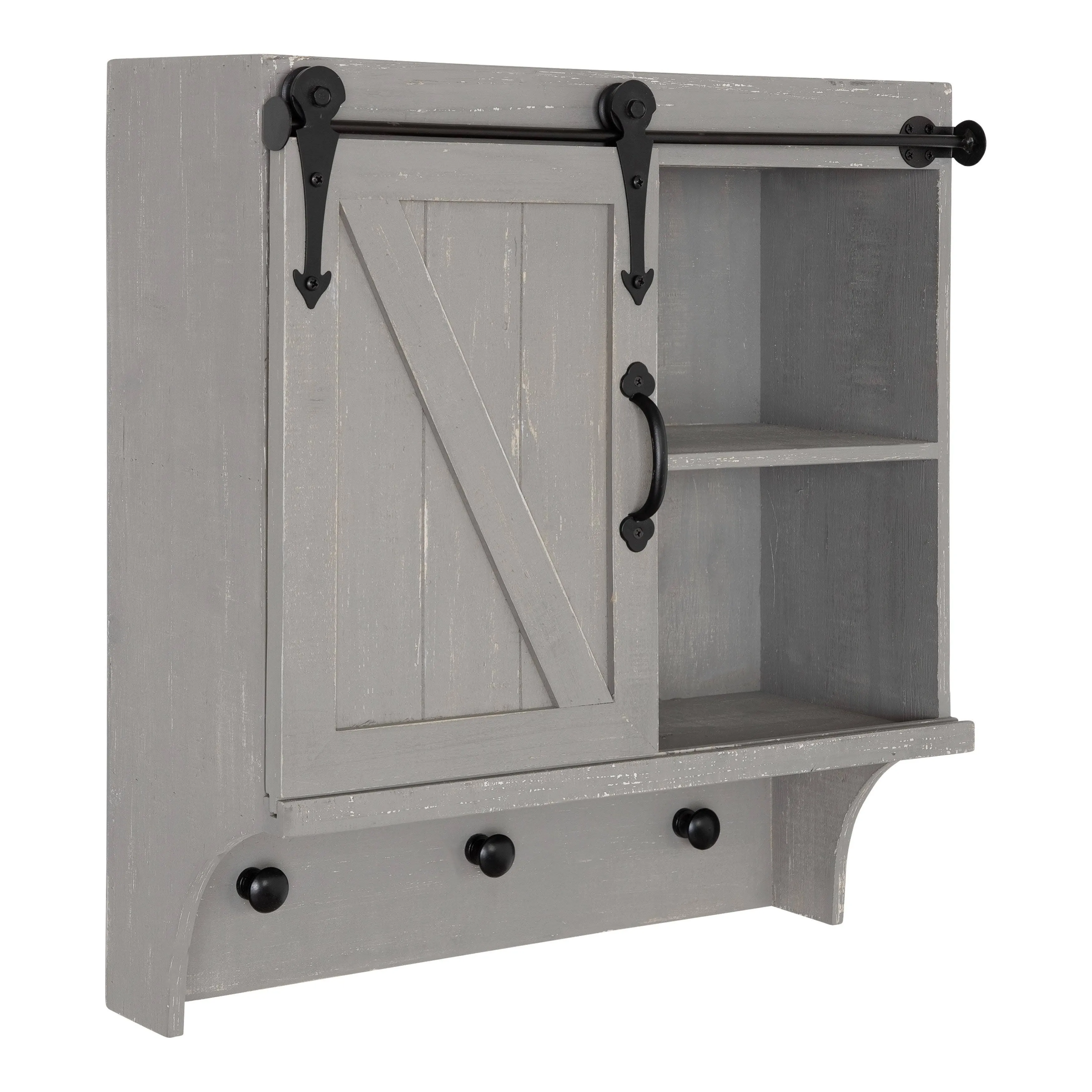 Kate and Laurel Cates Decorative Farmhouse Cabinet Wall Organizer with Sliding Barn Door and 3 Knobs, 18 x 8 x 20, Gray, Shabby-Chic Farmhouse-Inspired Mail and Key Holder for Wall