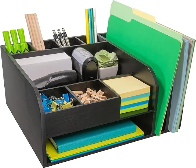 Missionmax Black Bamboo Organizer with Attached Upright File Holders, Paper Tray & Storage Bins