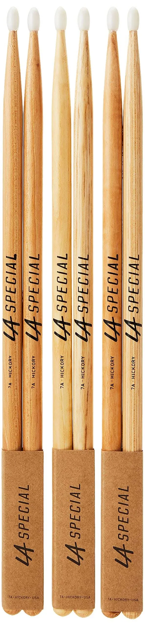 LA SPECIALS 7A Hickory Drumsticks, Oval Nylon Tip, Three Pairs