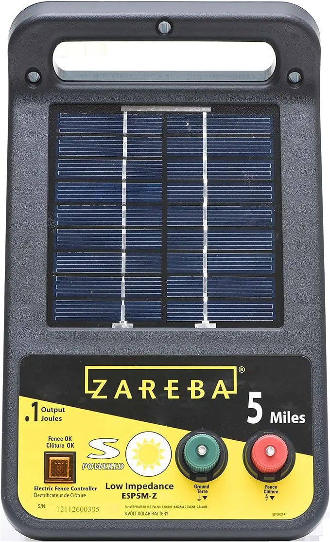 Zareba ESP5M-Z Solar Powered Low Impedance Electric Fence Charger - 5 Mile Lightning Electric Fence Energizer, Contain Animals and Keep Out Predators,Black