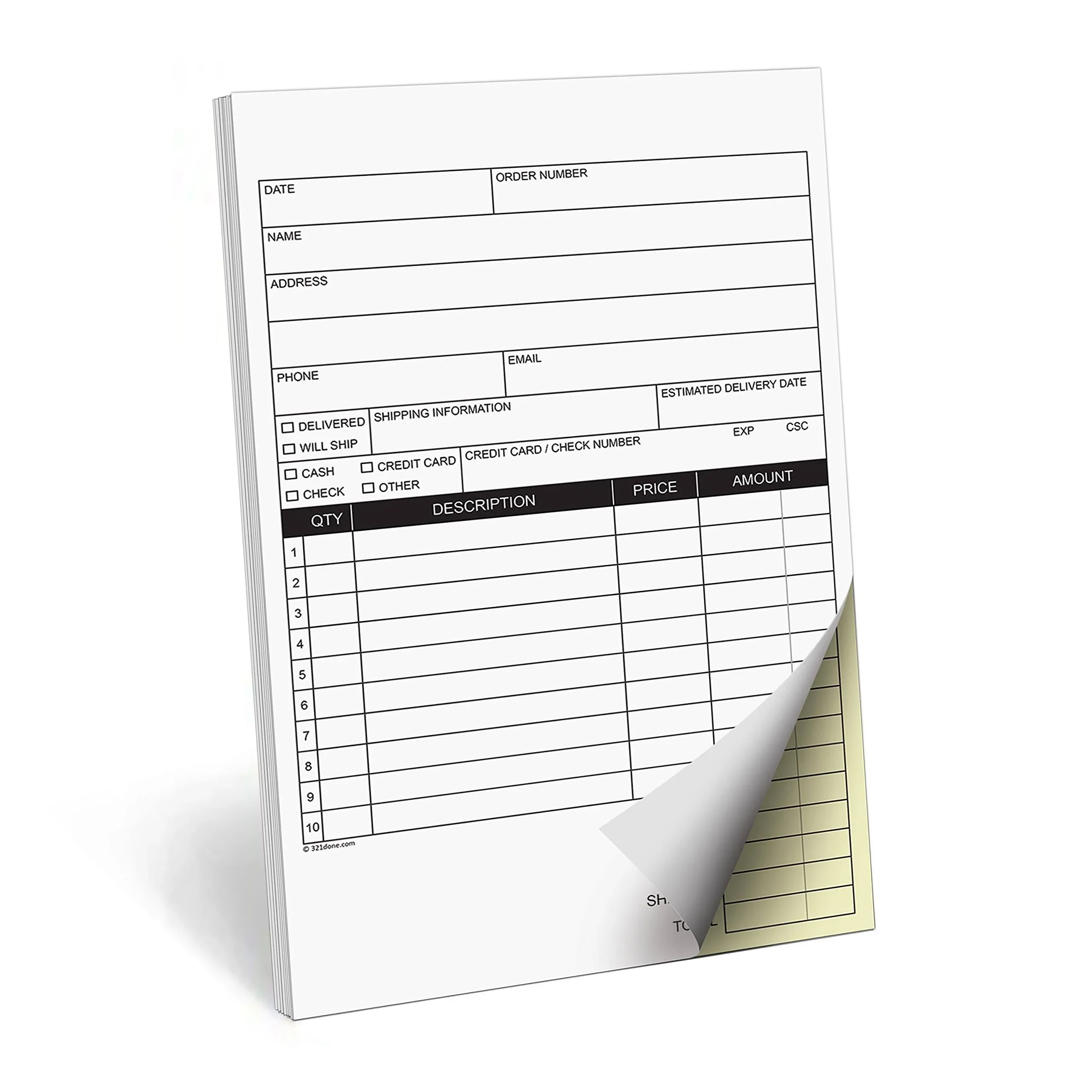 321Done Blank Sales Form Pad, 5.5x8.5 Small 2-Part Carbonless, Made in USA, Carbon Copy Generic Receipt Purchase Order Notebook for Small Business (50 Sets) White/Yellow, Heavyweight Paper