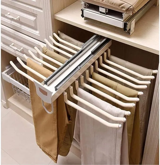 Pull Out Pants Rack Pants Hanger Bar 22 Arms Steel Pull Out Trousers Rack Clothes Organizers for Space Saving and Storage 18(L) x 23.4(W) x 5.7(H) inch