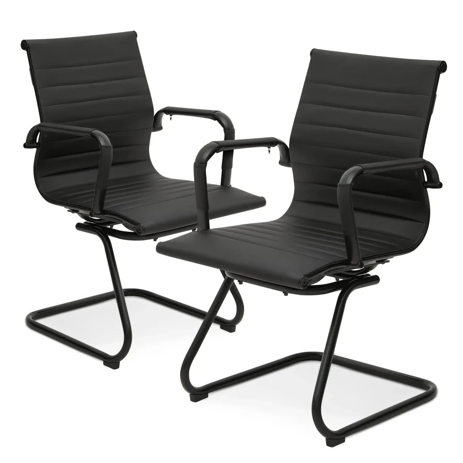 MoNiBloom 2 Pack Office Conference Chair, Faux Leather Metal Sled Base Chairs for Reception Waiting Meeting Room, Black