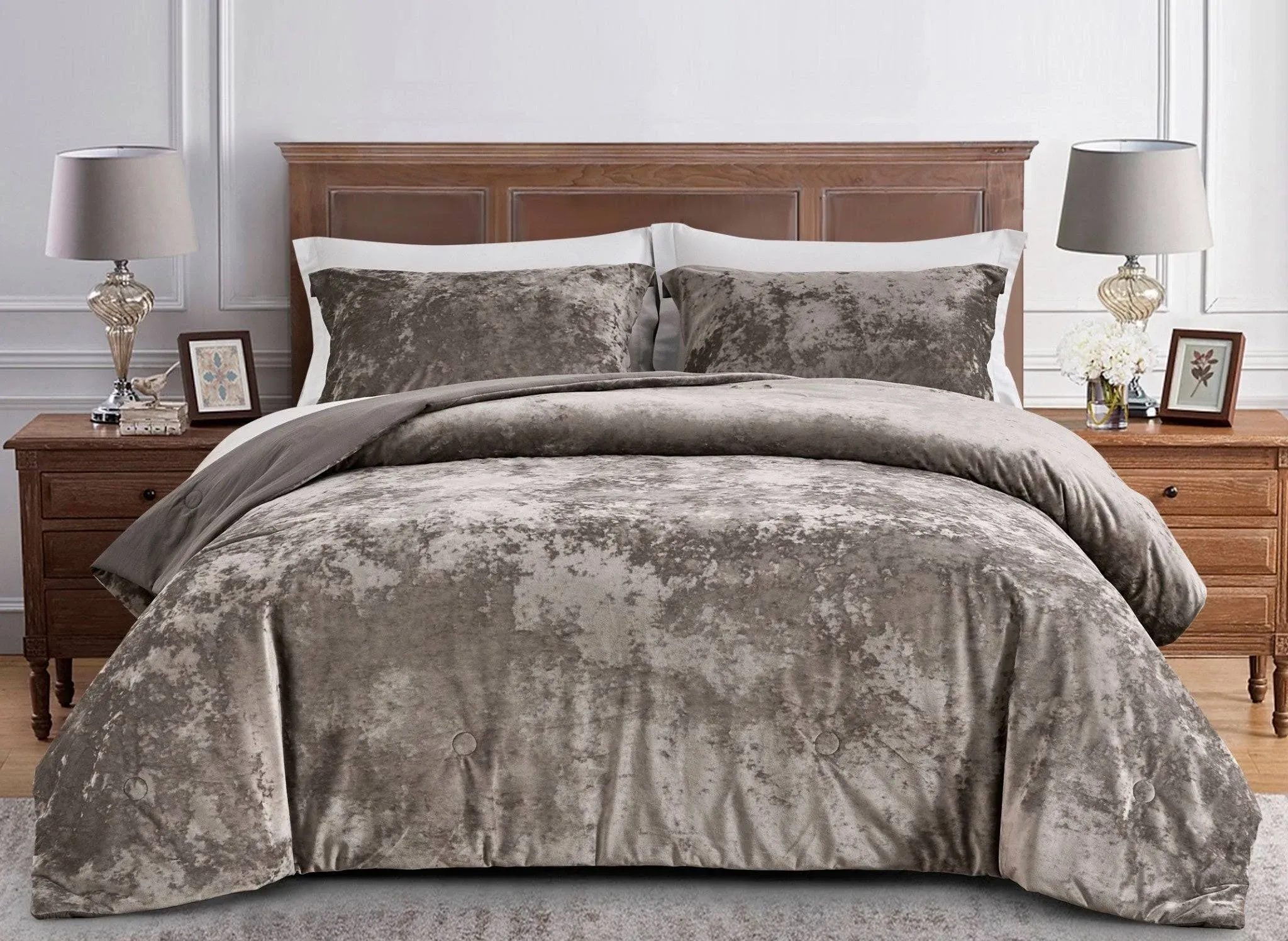 Chezmoi Collection Lux 3-Piece Pewter Gray Shimmer Velvet Bedding Set Full Size ...