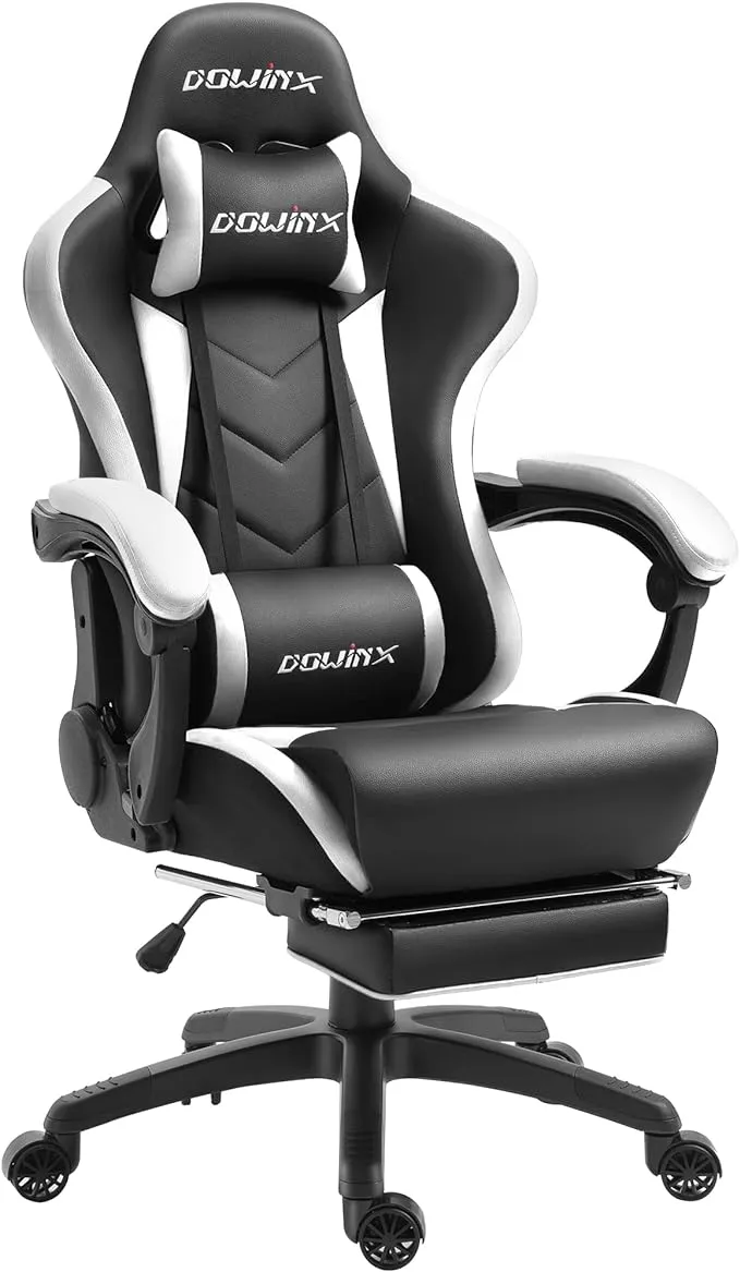 Dowinx Gaming Chair Ergonomic Office Recliner for Computer with Massage Lumbar Support, Racing Style Armchair PU Leather E-Sports Gamer Chairs with Retractable Footrest (Black)