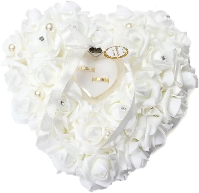 Wedding Ring Pillow, White Ring Polypropylene Pillow Lace Crystal Rose Wedding Heart Ring Box Ring Holder