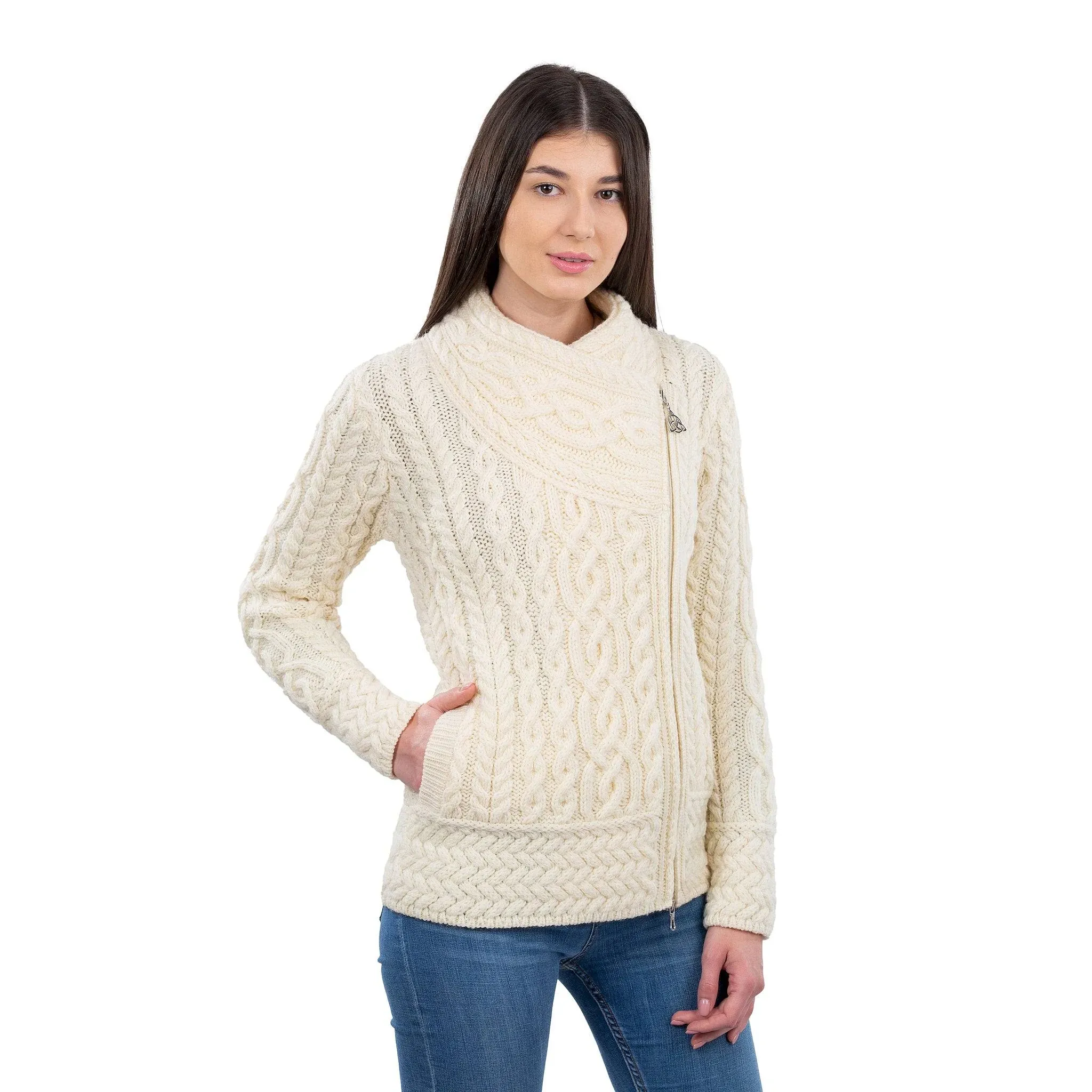 Aran Cable Knit Side Zip Merino Cardigan