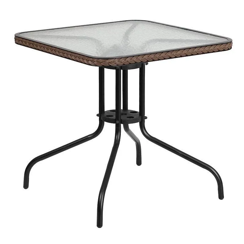 28'' Square Tempered Glass Metal Table with Dark Brown Rattan Edging - Flash ...