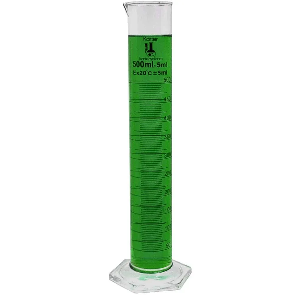 500ml Graduated Cylinder, Borosilicate 3.3 Glass, Single Metric Scale, Class B, Karter Scientific 213I14 (Single)