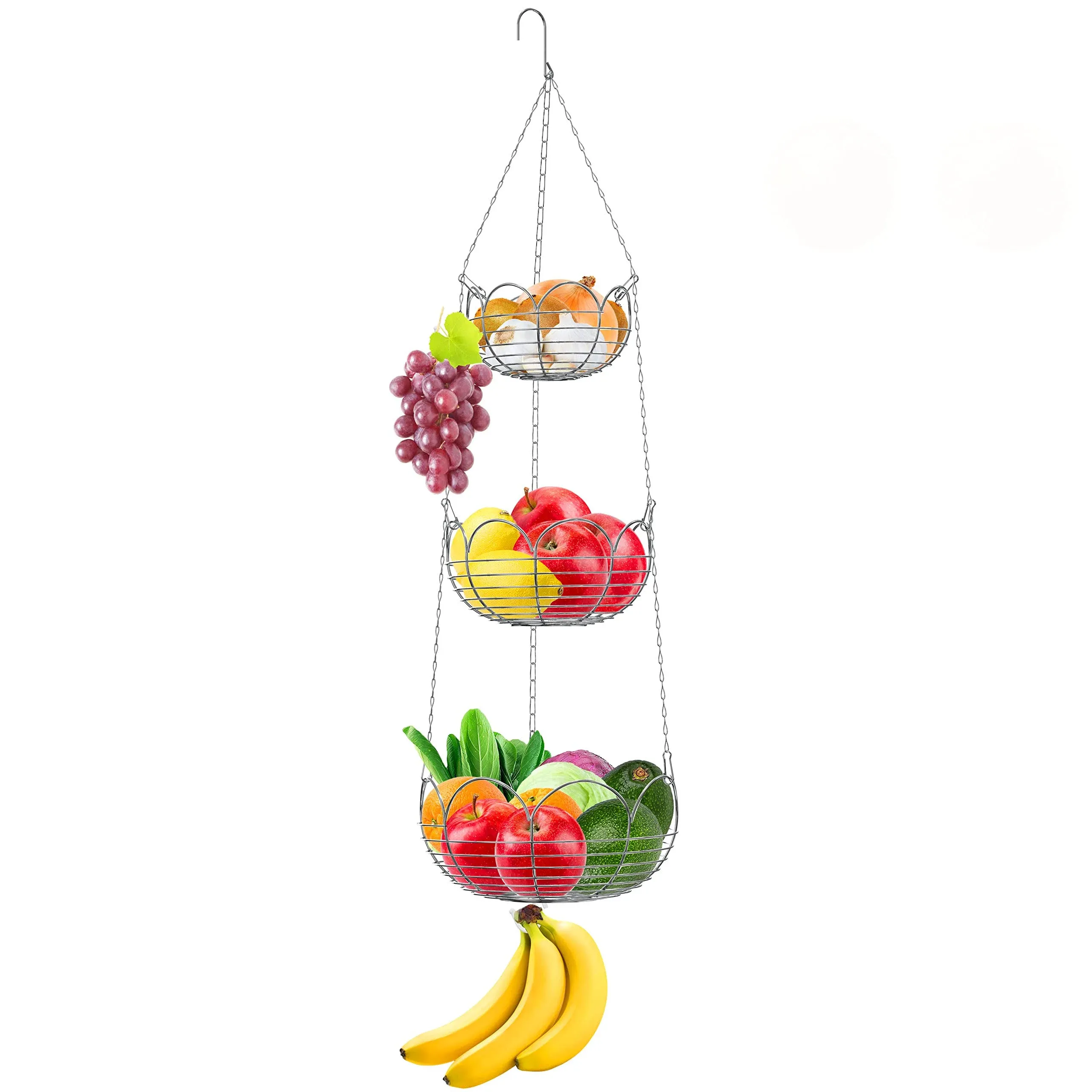 Simple Houseware Modern 3-Tier Hanging Fruit Basket, Chrome, Silver